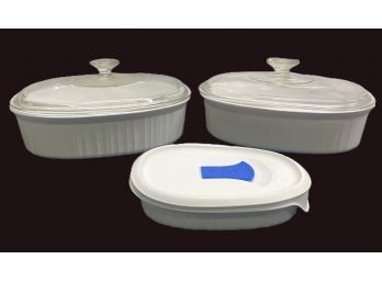 Corning Ware French White-Three Pieces-Two 2.8 Liter With Glass Lids And 475Ml With Plastic Lid