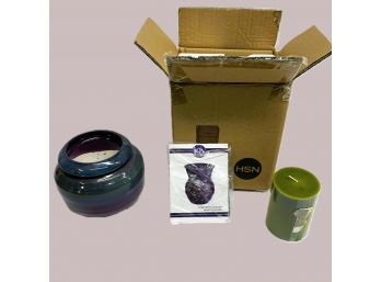 The Violet Pot Purple Drip Glaze Self Watering Pot, Joy Mangano Forever Fragrant Heart Warmer NOS & 4' Candle