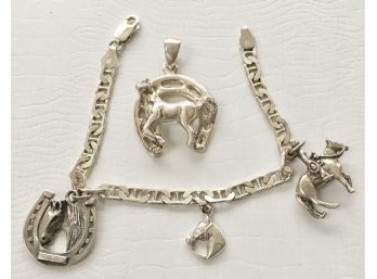 Sterling Silver Horse Charm Bracelet And Pendant