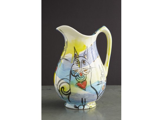 Fred Baltus Large Painted Cat Ceramic Pitcher, Signed And Dated, 1993