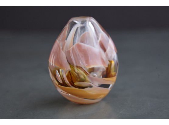 Glass Vase With Orange Gold Swirl, Signed And Dated.