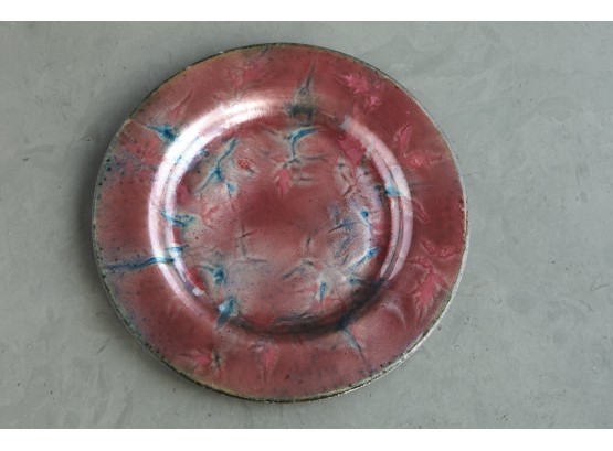 Red Iridescent Enamel Plate With Flowers And Leaves, Signed