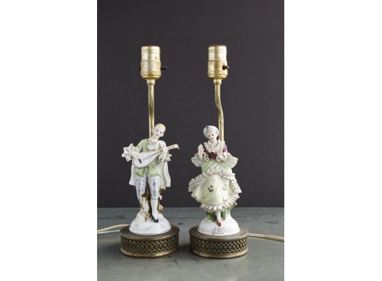 Vintage Pair Of Porcelain Figurine Couple Table Lamps On Filigree Brass Base, Circa 1940s