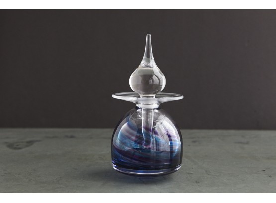 Beautiful Art Glass Blue Swirl Perfume Bottle With Large Stopper, Signed, 2001