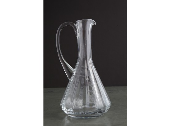 Vintage Glass Pitcher With Ribbed Structure And Etched Flower Ribbons