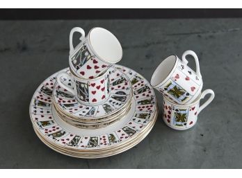 Set Of 4 Tiffany  & Co Playing Cards Pattern By Elizabethan, Demitasse Cup, Saucers And Plates