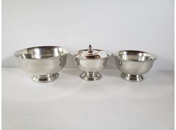 Antique Paul Revere Reproduction Colonial Pewter By Boardman Serving Bowls & Empire Pewter Bowl With Lid