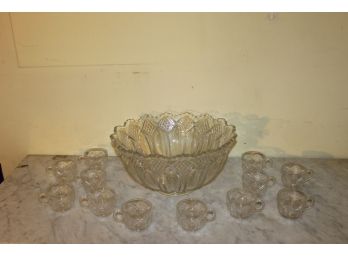 Vintage Punch Bowl With 12 Matching Cups And Glass Ladle