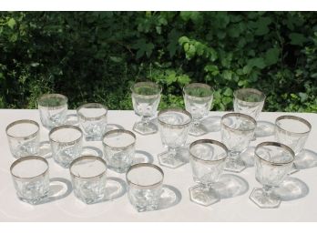 Beautiful Set Of Vintage Silver Rimmed Cocktail Glasses - 8 Wine & 8 Tumblers