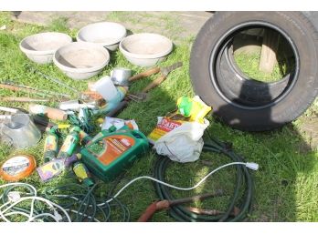 Lawn & Tire Lot Including 2 Tires, Lawn Feed, Hoses, Trimmers, Tools