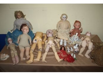 Group Of 10 Plus Vintage Wood, Clothe And Porcelain Dolls