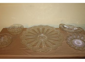 Collection Of 5 Cut Glass And Crystal Pieces Including Platters, Egg Tray, Bowls Etc.