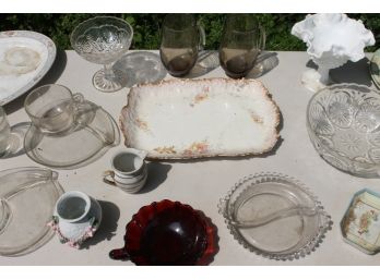 Table Full Of Vintage Dishware & China Including Limoges, Barth, Meito, Red Glass & More