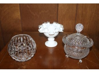 Collection Of Three Vintage Pieces Of Crystal And Fenton Milk Glass