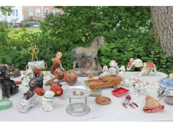 Table Full Of Mixed Vintage Including Figurines, Chalk Horse, Music Box, Morocco's Etc.