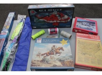 Various Lot Of Puzzles, Maps, Kite, Sea Rescue Lego Kit In Box