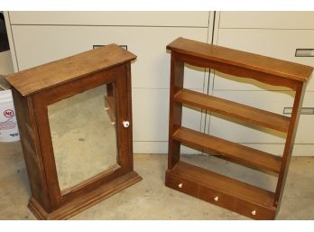 Pair Of Wood Cabinets - One Is Mirrored