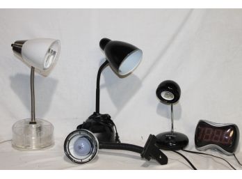 Grouping Of Four Desk Lamps With Bonus Alarm Clock