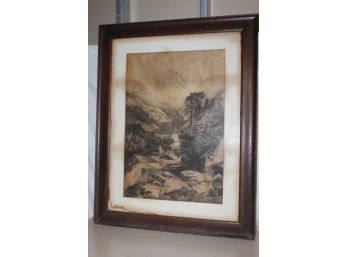 Vintage Framed Etching Sketch Of Mountain Waterfall Scene