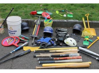 Large Collection Of Sports Equipment Including Bats, Baseballs, Pogo Stick & Lots More