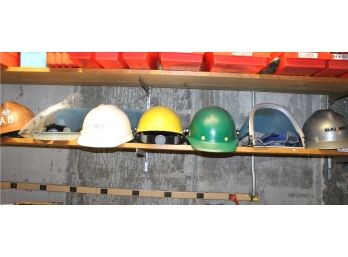 Grouping Of Five Vintage Construction Helmets Hard Hat's MSA Certified With Two Visor/Guards