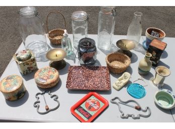 Miscellaneous Lot Of Housewares - Tins, Trays, Baskets, Glassware And More