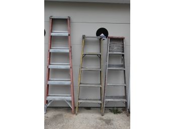 Lot Of Three A-Frame Ladders Two 5' Wood And One 6' Fiberglass Ladders