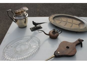 Grouping Of Vintage Collectibles Including Andover Silverplate Pitcher, Copper Oil Lamp Etc.