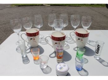 Glassware Lot Including Shot Glasses, Wine And Water Glasses, Mugs & More