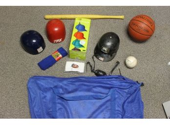 Miscellaneous Sports Lot Including Equipment Bag, Batting Helmets, Basketball & More