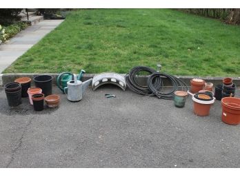 Nice Lot Of Garden Items Including Flower Pots, Soaker Hoses, Water Pitchers & More