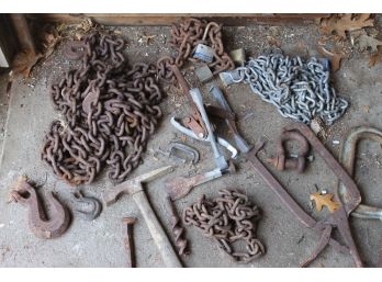 Collection Of Chains, Hooks, Clamps And More