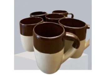 VTG Glazed Pottery Brown & Tan Thick Coffee Mug Set Of 6