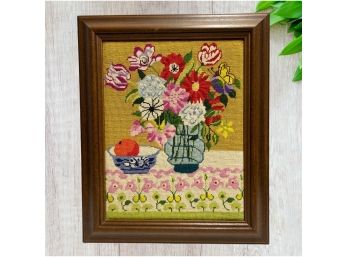 1970s Large Framed Vintage Handmade Floral Embroidery Still Life Vases Of Flowers 28 Inches