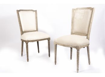 Pickled Wood & Linen Louis Style Chairs
