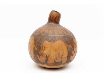 African Calabash Beer Gourd With Etched Rhinos