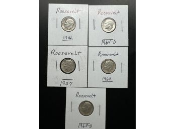 5 Silver Roosevelt Dimes 1946, 1957,1963-D, 1964, 1964-D