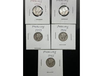 5 Mercury Dimes 1941, 1942, 1943, 1944, 1945