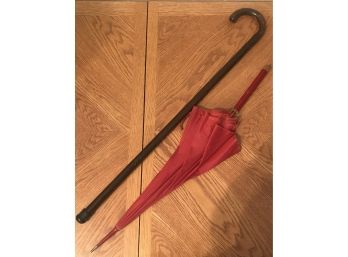 Umbrella Made In Italy- 100% Nylon Red Leather And Brass Handle & 36' Cane