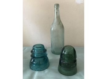 Vintage Glass Bottle & Two Glass Insulators