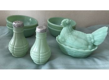 Four Green Glass Bowls, Green Glass Hen & Green Painted Salt & Pepper Shakers