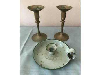 Brass Candle Sticks And Green Paint Candle Holder
