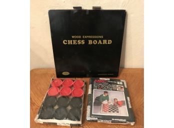Wooden Chess Board And Two NIB Jumbo Checker Rug With Jumbo Checkers