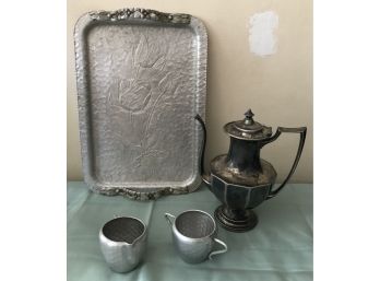 Hammered Tray And Sugar And Creamer, Silver Plate Coffee Pot