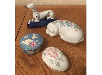 Three Trinket Boxes And One Dog Statue