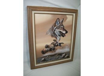 Original Oil On Canvas By Listed Artist Gary Ampel 1984 - Coyote, Indians, Buffalo