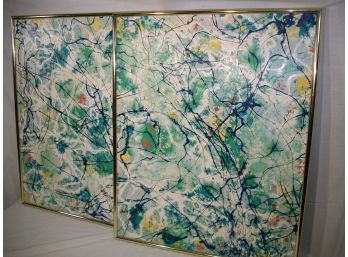 Two Large 'Funky Modern' Signed Thely  Oil On Canvas Paintings In 'Brass Frames'