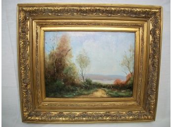 Lovely Oil On Canvas Landscape In Heavy Gold Gilt Frame - Very Nice Piece