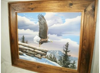 Large Oil On Board Gary Ampel - 1987 - Eagle In Flight In GREAT Pine Frame