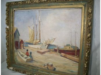 1800's Antique Skillfully Done Oil On Canvas Port Scene - Has 'The --- Gallery W. Newark'